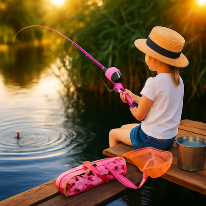 Kids Fishing Pole Set | Telescopic Rod & Spincast Reel | Travel Bag & Tackle Box | Ages 5+ | Blue or Pink