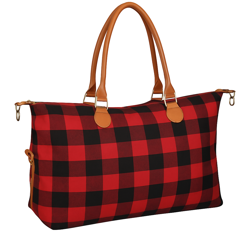 Buffalo Plaid Duffle Bag | Cotton Woven | PU Leather Bottom | 110 lb Capacity | Red or White