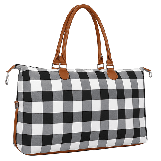Buffalo plaid duffle bag with tan PU leather handles, black-and-white check pattern