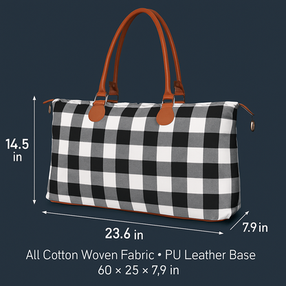 Buffalo Plaid Duffle Bag | Cotton Woven | PU Leather Bottom | 110 lb Capacity | Red or White