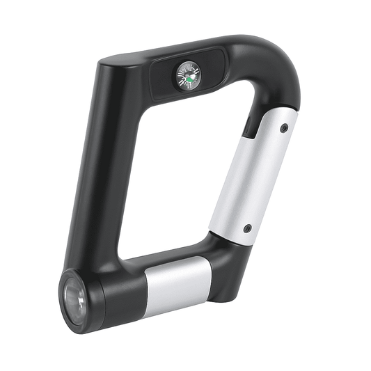 Black carabiner power bank with LED flashlight and compass