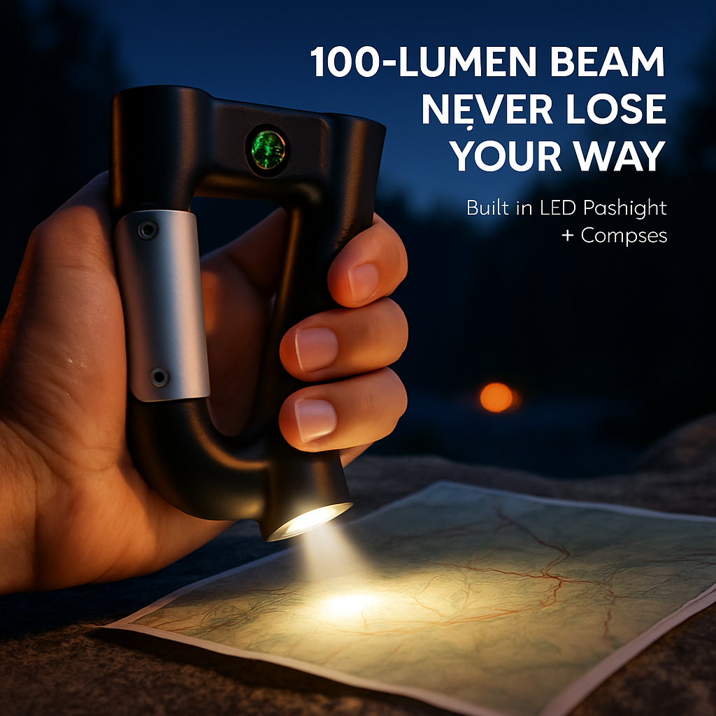 Carabiner Power Bank with LED Flashlight & Compass – 2200mAh | Hiking & Camping