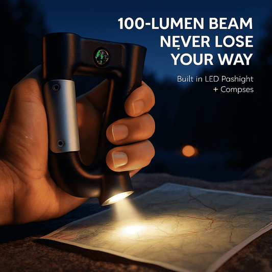 Black carabiner power bank with lit LED flashlight, built-in compass