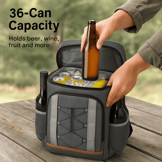 Grey insulated cooler backpack with top handle, front zip, and black mesh side pockets