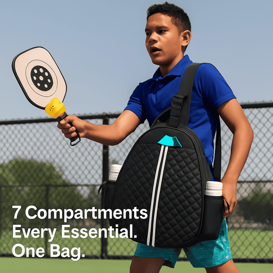 Pickleball sling bag in black quilted fabric with wide strap, white stripe, and side bottle pocket.