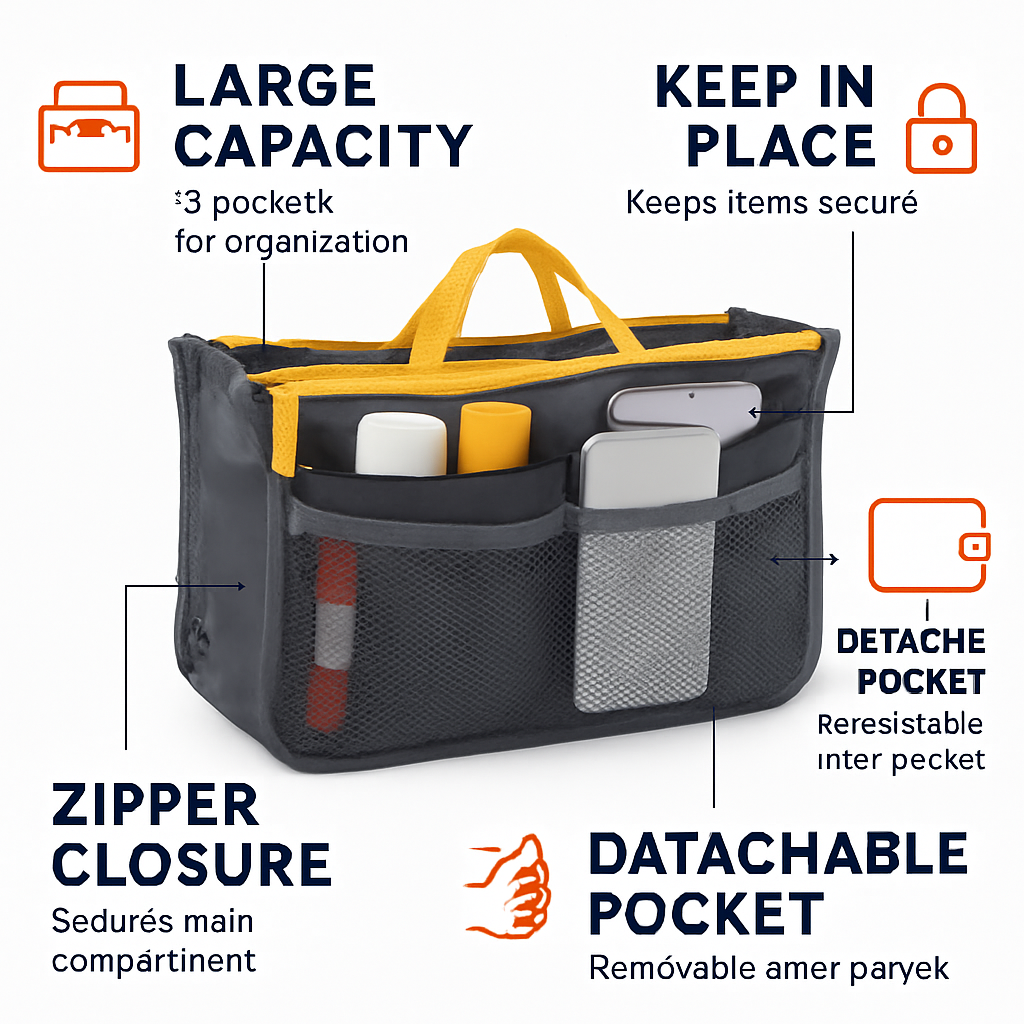 Travel Handbag Organizer | 13 Pockets | Detachable Key Chain | Nylon | iMounTEK | 6 Colors
