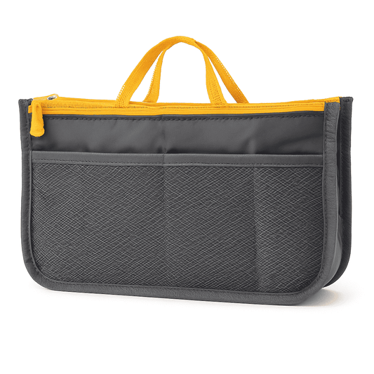 Gray nylon handbag organizer with zip top and yellow carrying handles, front storage pocket