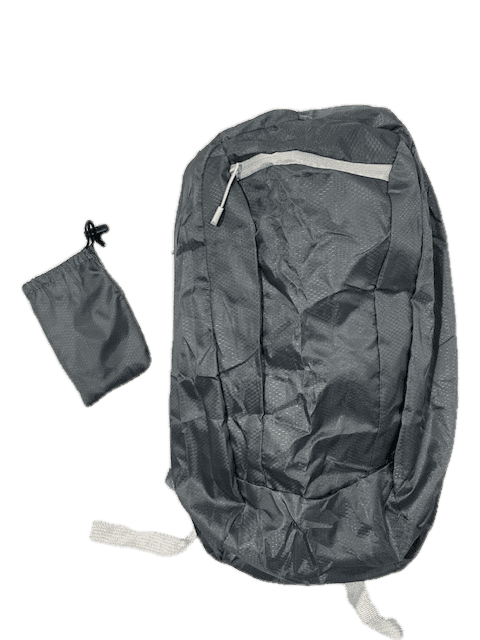 Gray packable day pack with built-in stuff sack pouch, front draw tab and zipper