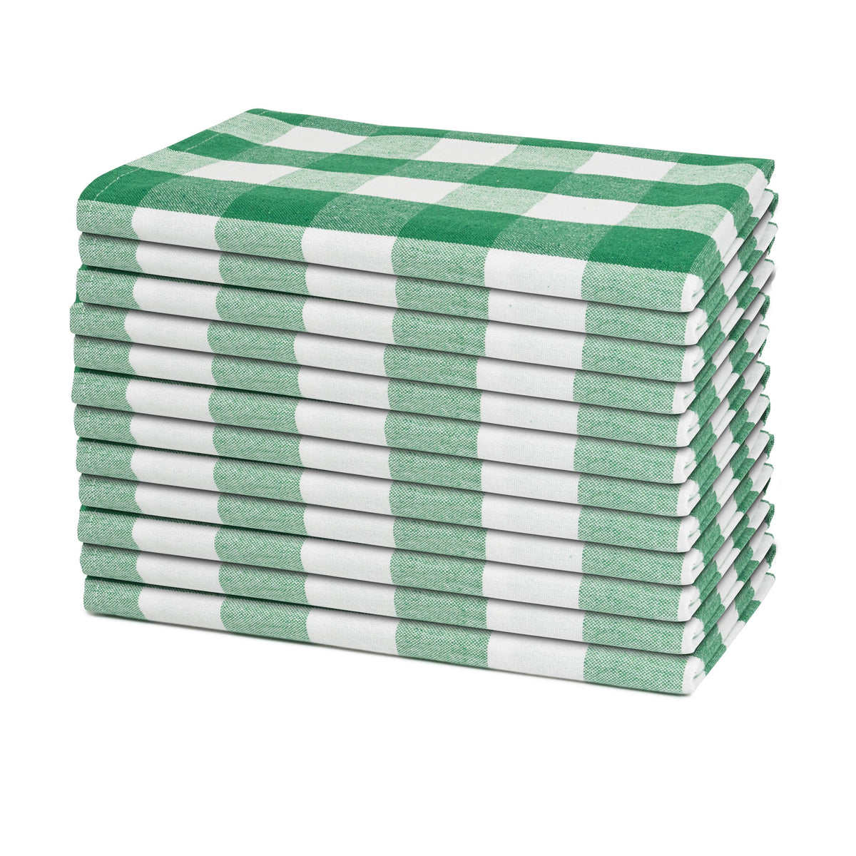 Green and white plaid cotton dinner napkins, set of 12, folded stack