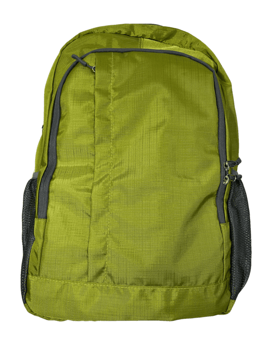 Green packable daypack with zip front pocket and padded shoulder straps