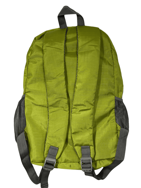 Green packable daypack with adjustable shoulder straps and top handle