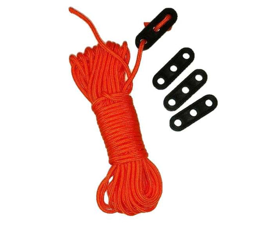 Orange nylon guy line rope with black tension adjuster clips, tent and tarp tie-out set