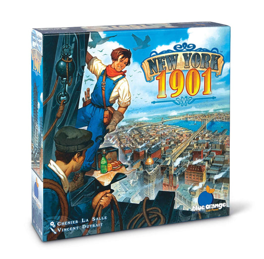 Board game box with illustrated cityscape and large 'New York 1901' title