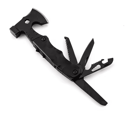 Black multi-function hatchet hammer with claw, saw blade, and stake driver head