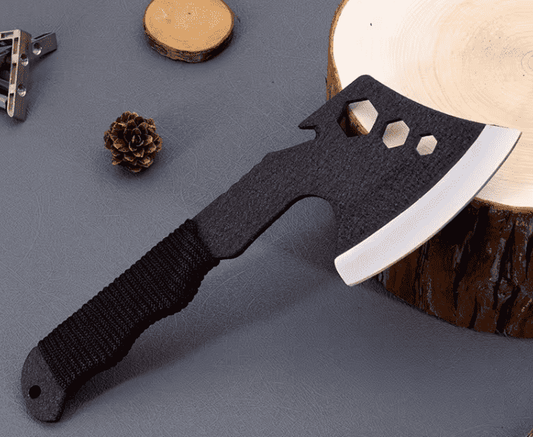 Camping hatchet with steel blade and black hand strap, ergonomic textured handle.
