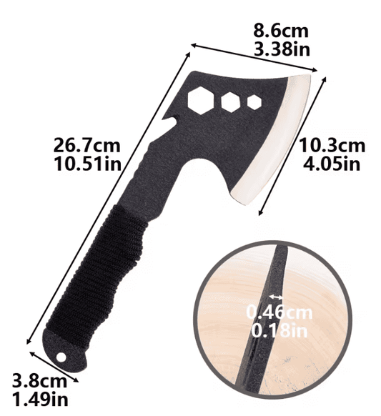 Camping hatchet size diagram: 26.7 cm overall length; steel blade, black grip.