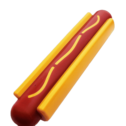 Hot dog nylon chew toy with maroon and yellow body and raised wavy stripe pattern
