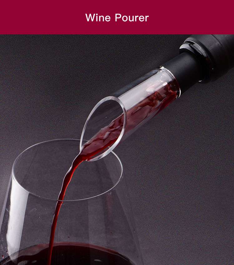 Clear wine pourer attached to a bottle, pouring red wine into a glass
