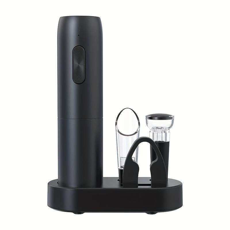 Rechargeable electric wine opener set with black opener, charging base, foil cutter, pourer and stopper.