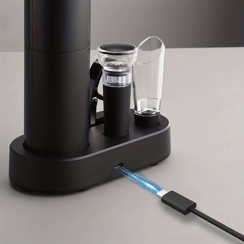 Electric wine opener set charging by USB, with pourer and stopper stored in the base