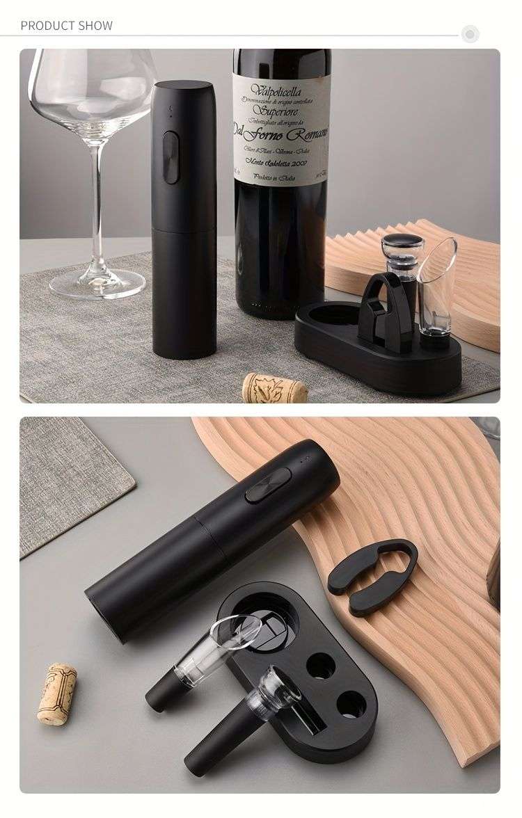 Electric wine opener set with charging base, pourer, stopper and foil cutter shown assembled and disassembled