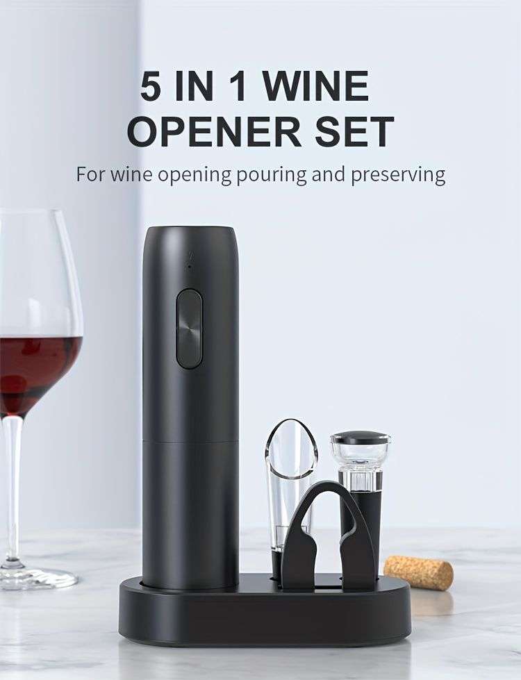 Electric wine opener set with charging base, wine pourer, stopper and foil cutter