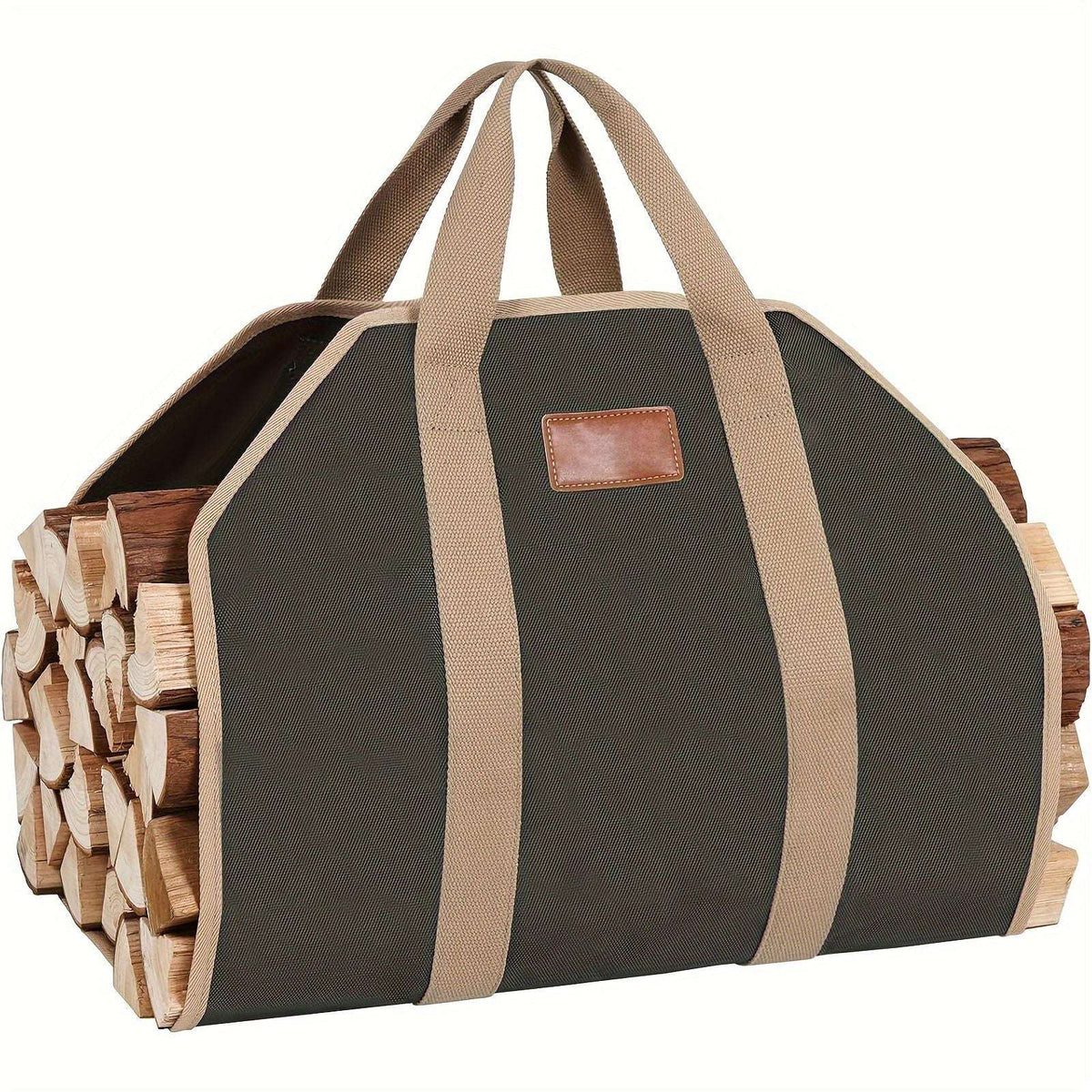 Black canvas firewood tote with tan handles, loaded with split logs.