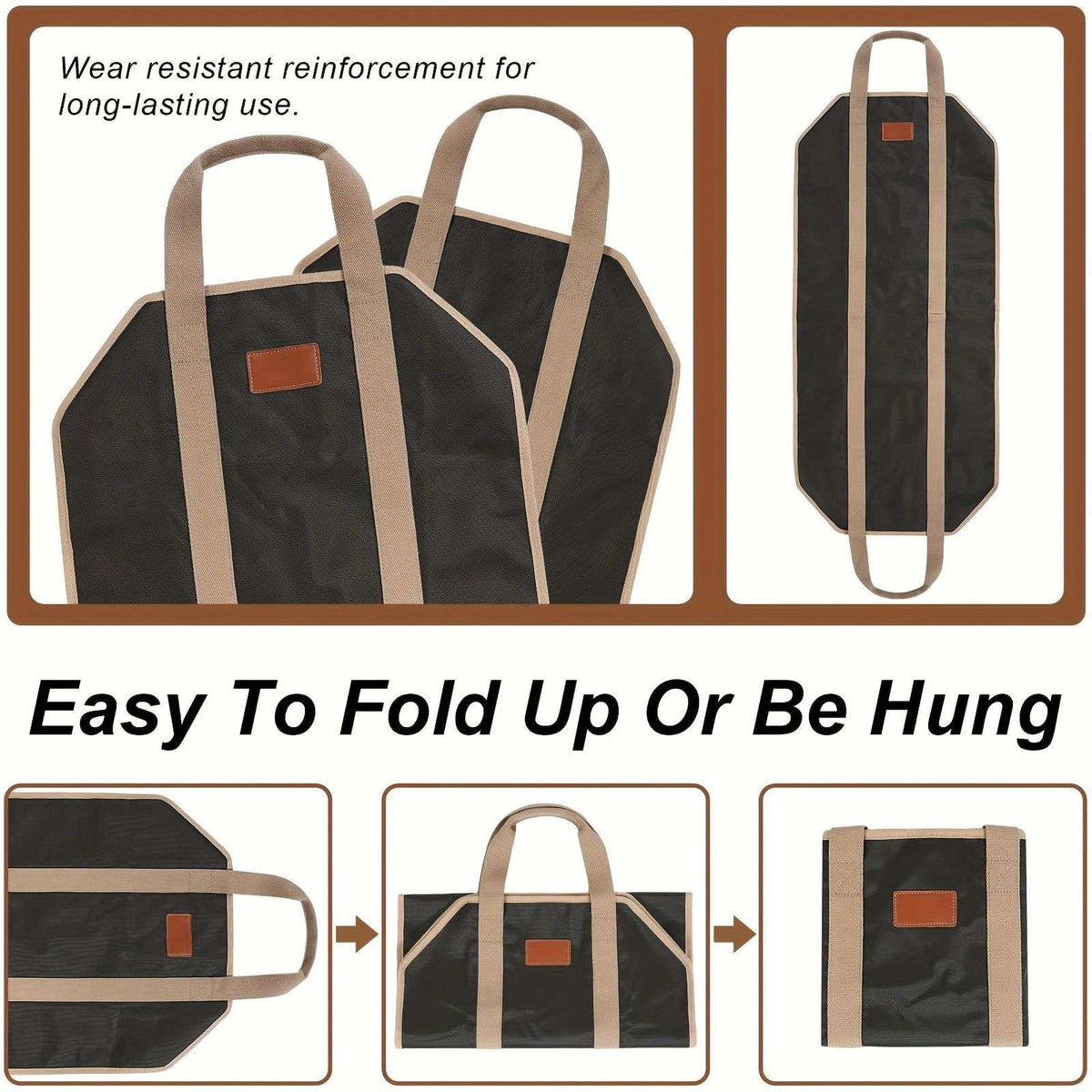Firewood tote folded into a compact shape and shown hanging flat.