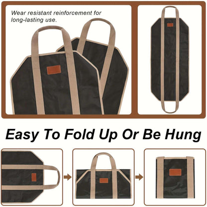 Firewood tote folded into a compact shape and shown hanging flat.