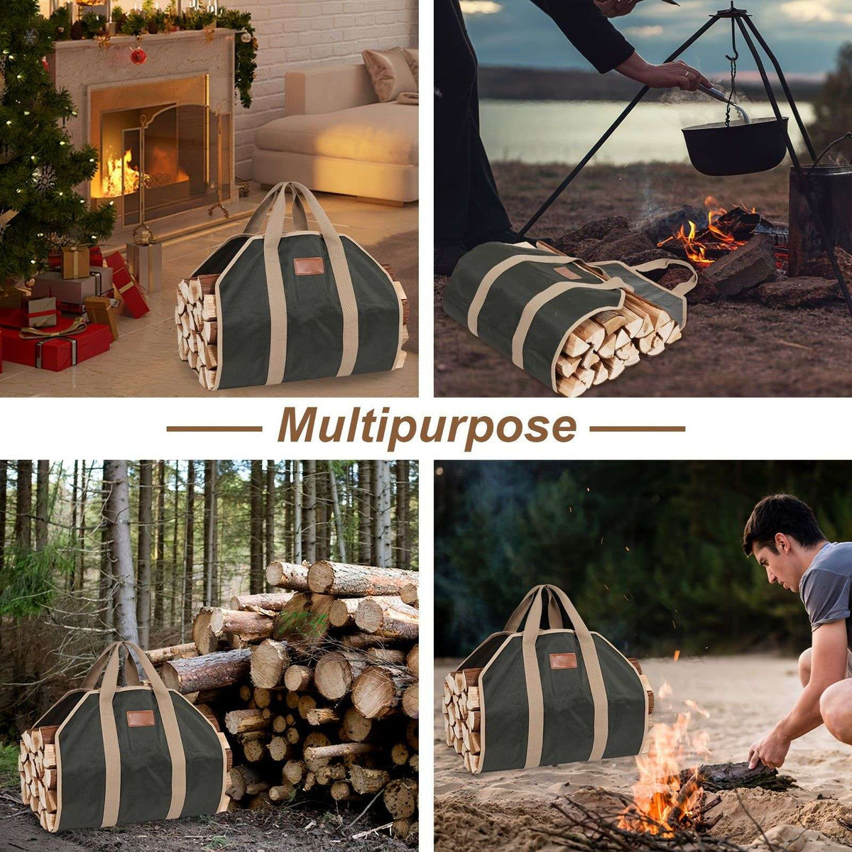 Firewood carrier tote shown carrying logs for indoor and outdoor fires.