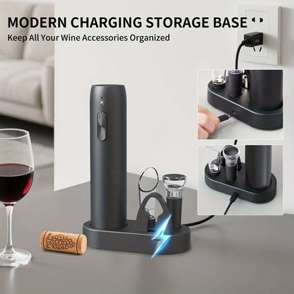 Electric wine opener set arranged on a charging and storage base with wine accessories