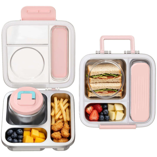 Pink stainless steel bento lunch box set with 8 oz soup cup, open compartments