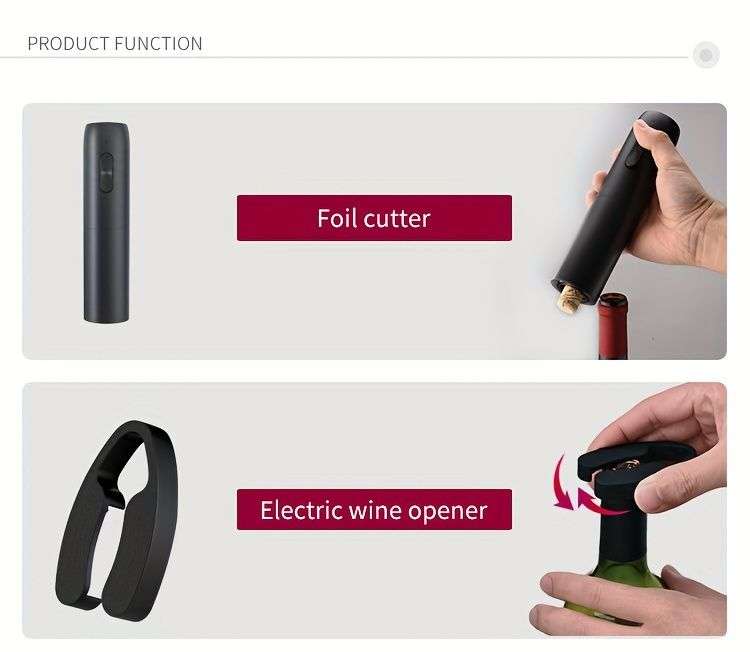 Wine opener set with foil cutter and electric opener shown in use