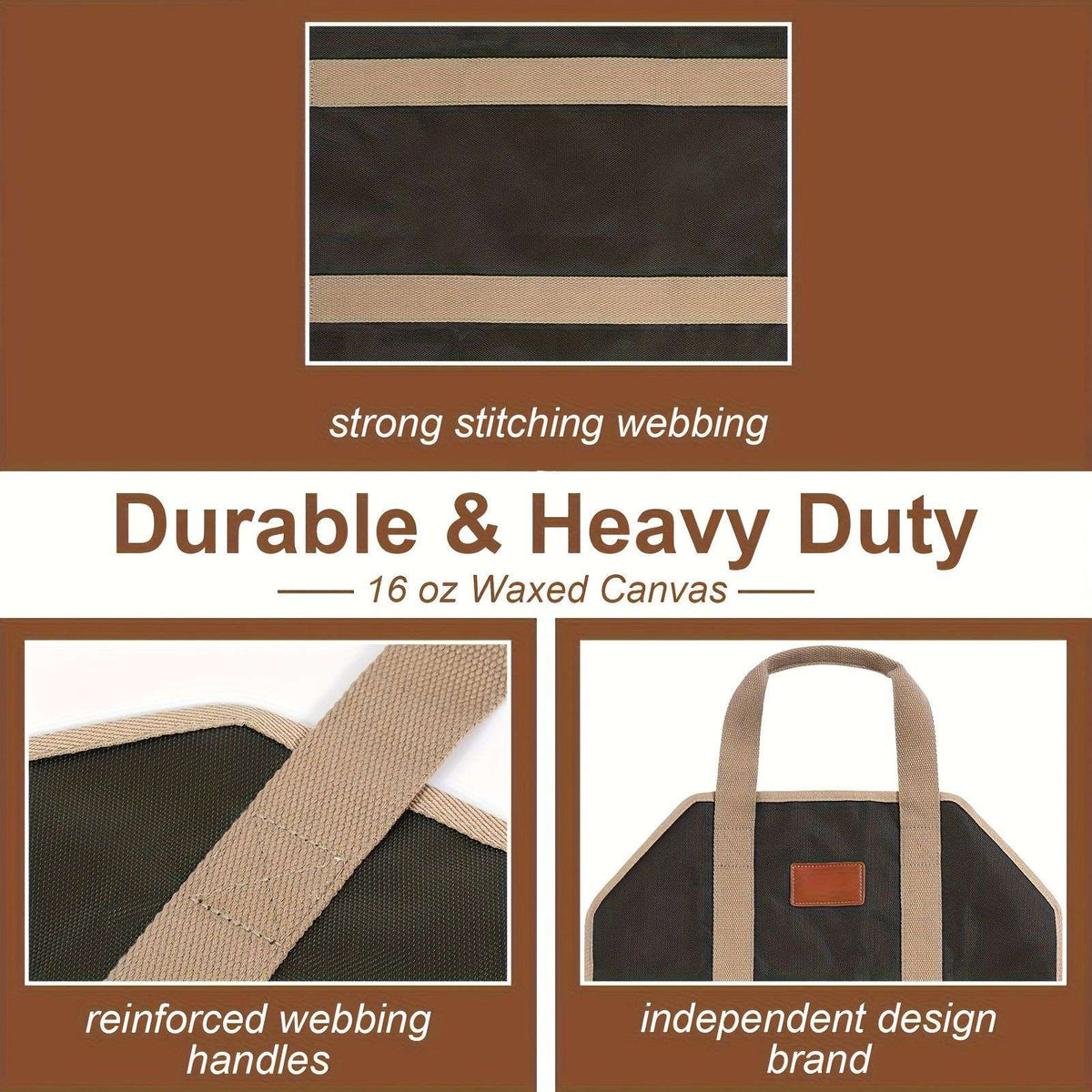 Firewood tote detail showing reinforced tan webbing handles and stitched canvas.