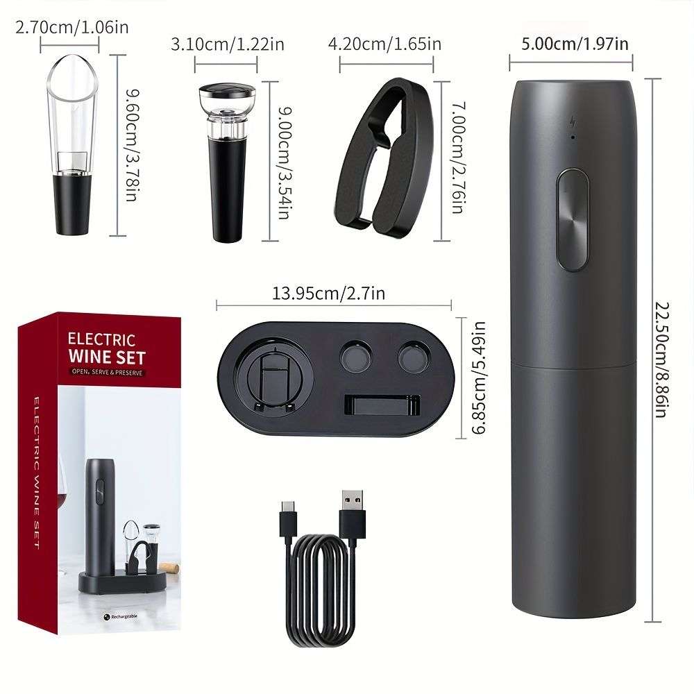 Electric wine opener set with charging base, pourer, stopper, foil cutter and USB cable, with dimensions