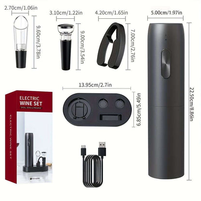 Electric wine opener set with charging base, pourer, stopper, foil cutter and USB cable, with dimensions