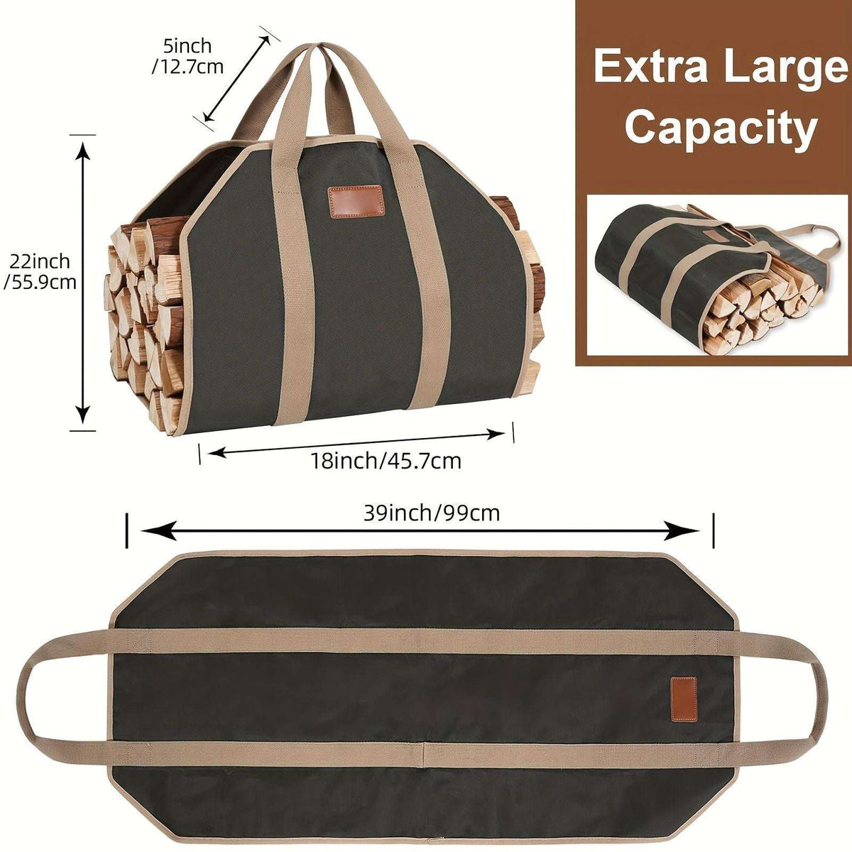 Large firewood carrier tote with dimensions and a top view of its long handles.