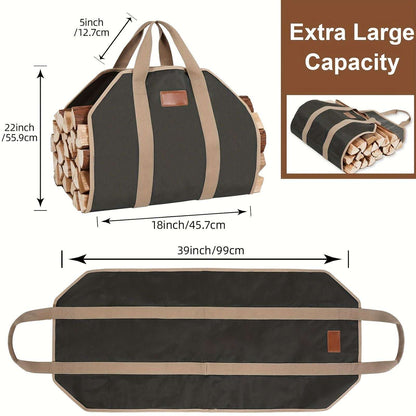 Large firewood carrier tote with dimensions and a top view of its long handles.