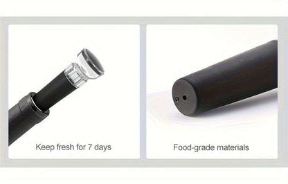 Black wine vacuum stopper with a clear top, shown assembled and detached.