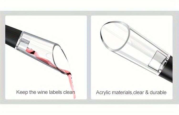 Clear acrylic wine pourer with black neck, shown pouring wine and in side view.