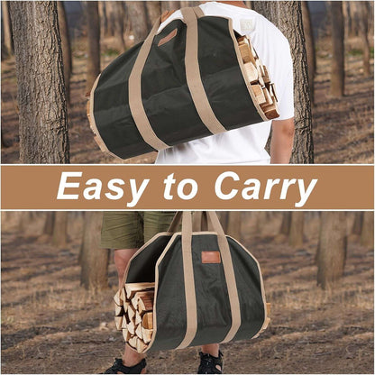 Black firewood carrier tote with tan straps carried by hand and over the shoulder.