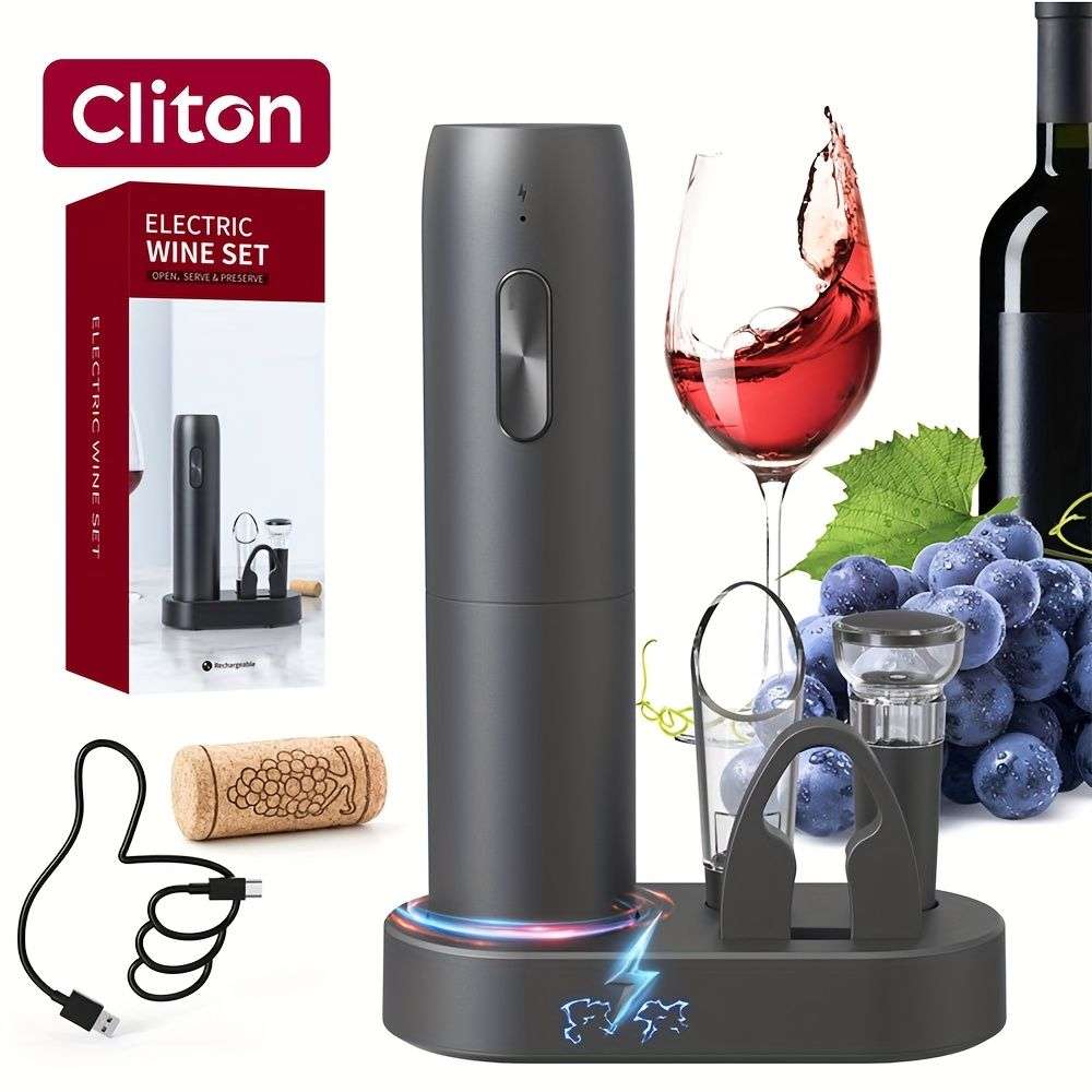 Electric wine opener set with charging base, wine pourer, stopper, foil cutter and USB cable