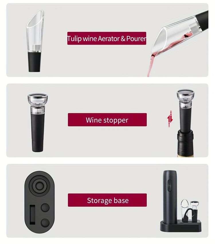 Wine opener set accessories: aerator, stopper, and storage base