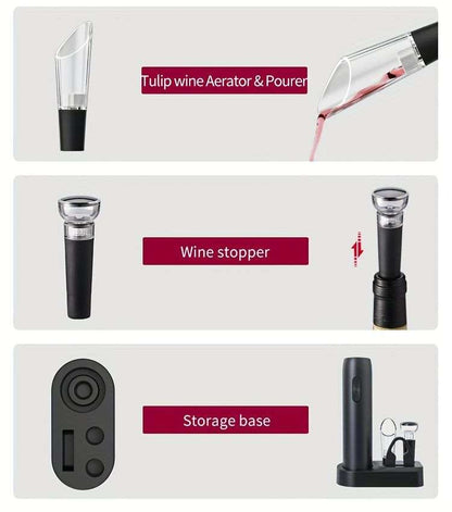 Wine opener set accessories: aerator, stopper, and storage base