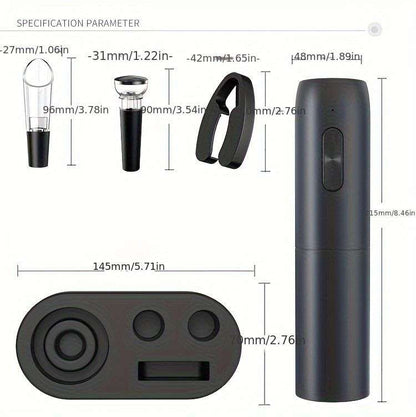 Wine opener set components with measurements for opener, aerator, stopper, and base