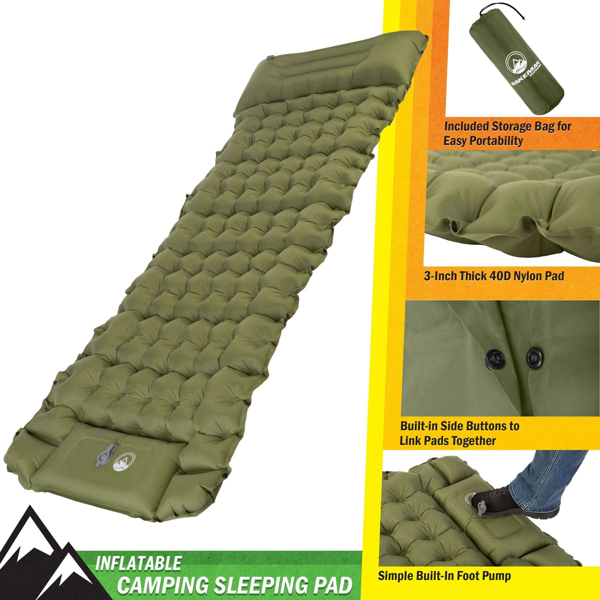 Wakeman Outdoors Inflatable Sleep Pad with Foot Pump - 3" Thick