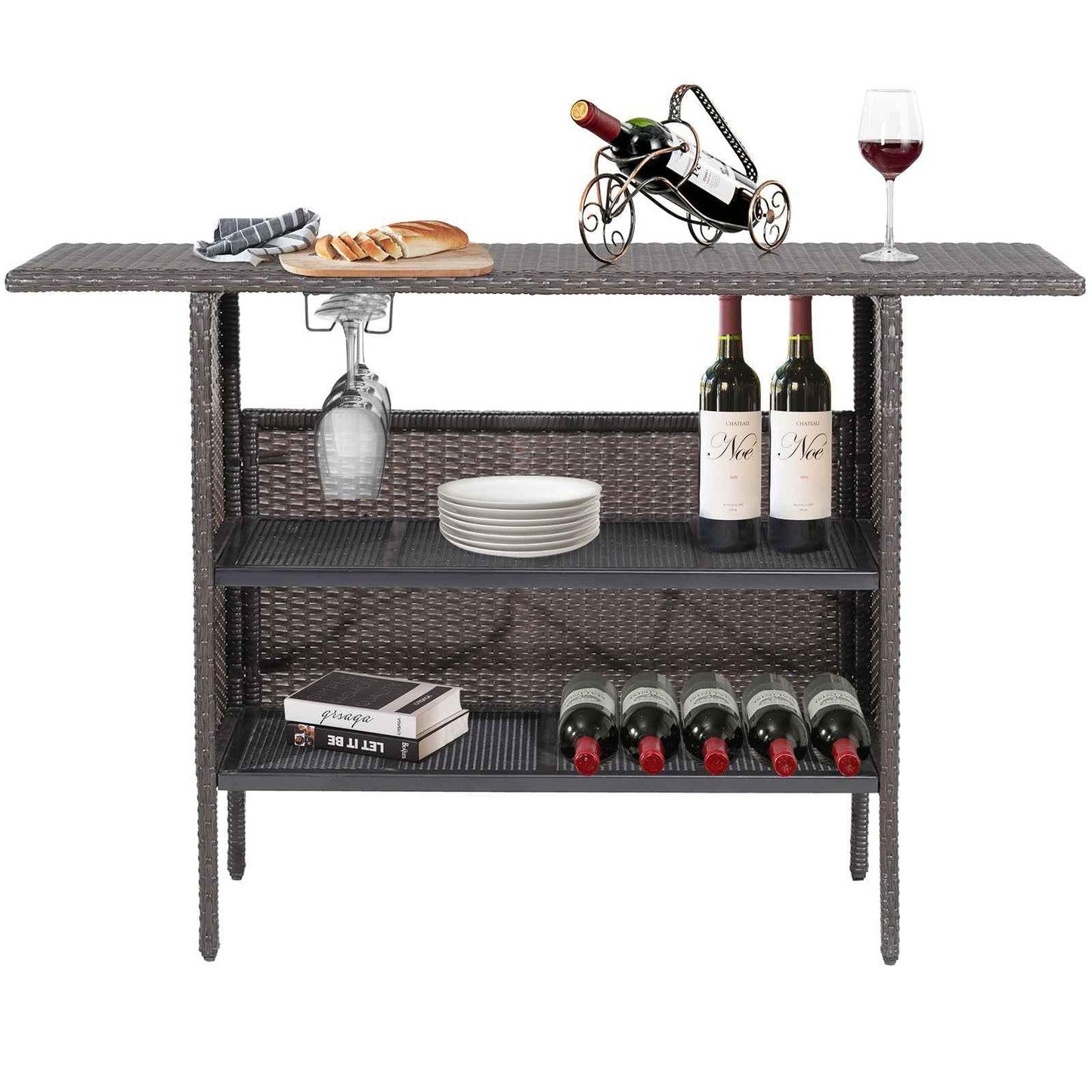 Outdoor Wicker Bar Table with 2 Metal Mesh Shelves & Wine Glass Rack