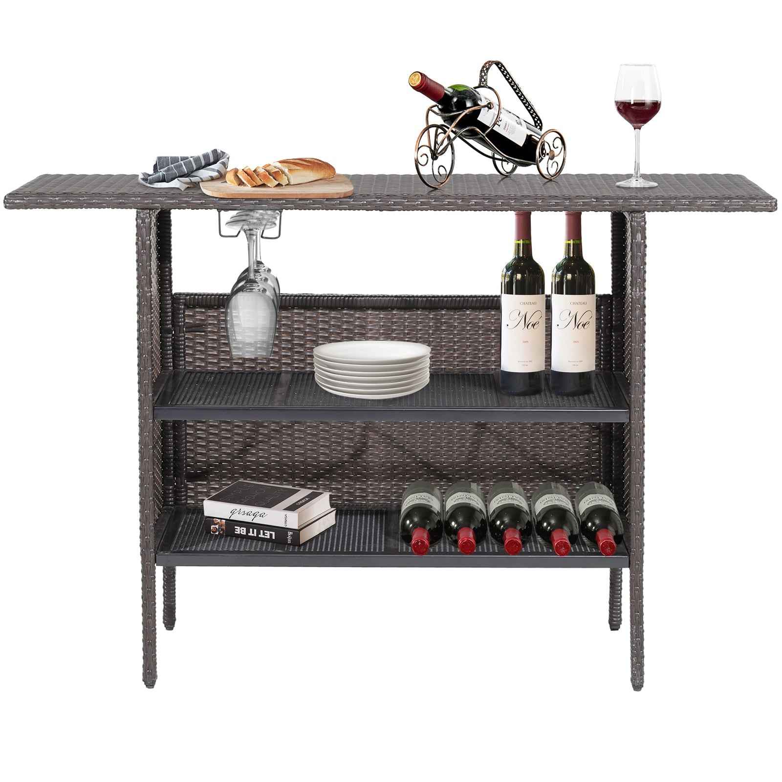 Outdoor Wicker Bar Table with 2 Metal Mesh Shelves & Wine Glass Rack