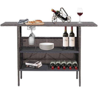 Outdoor Wicker Bar Table with 2 Metal Mesh Shelves & Wine Glass Rack