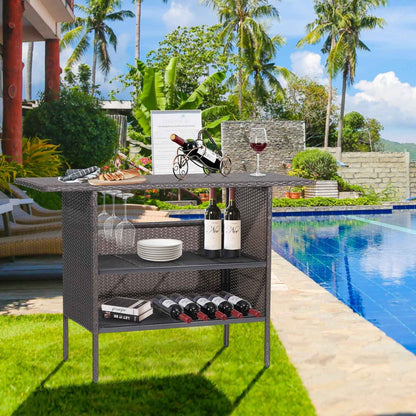 Outdoor Wicker Bar Table with 2 Metal Mesh Shelves & Wine Glass Rack